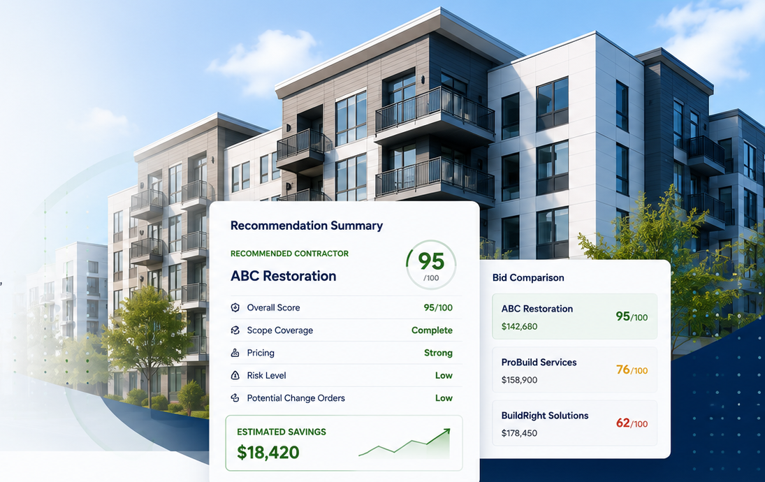 BidsScores recommendation summary and bid comparison over an apartment building